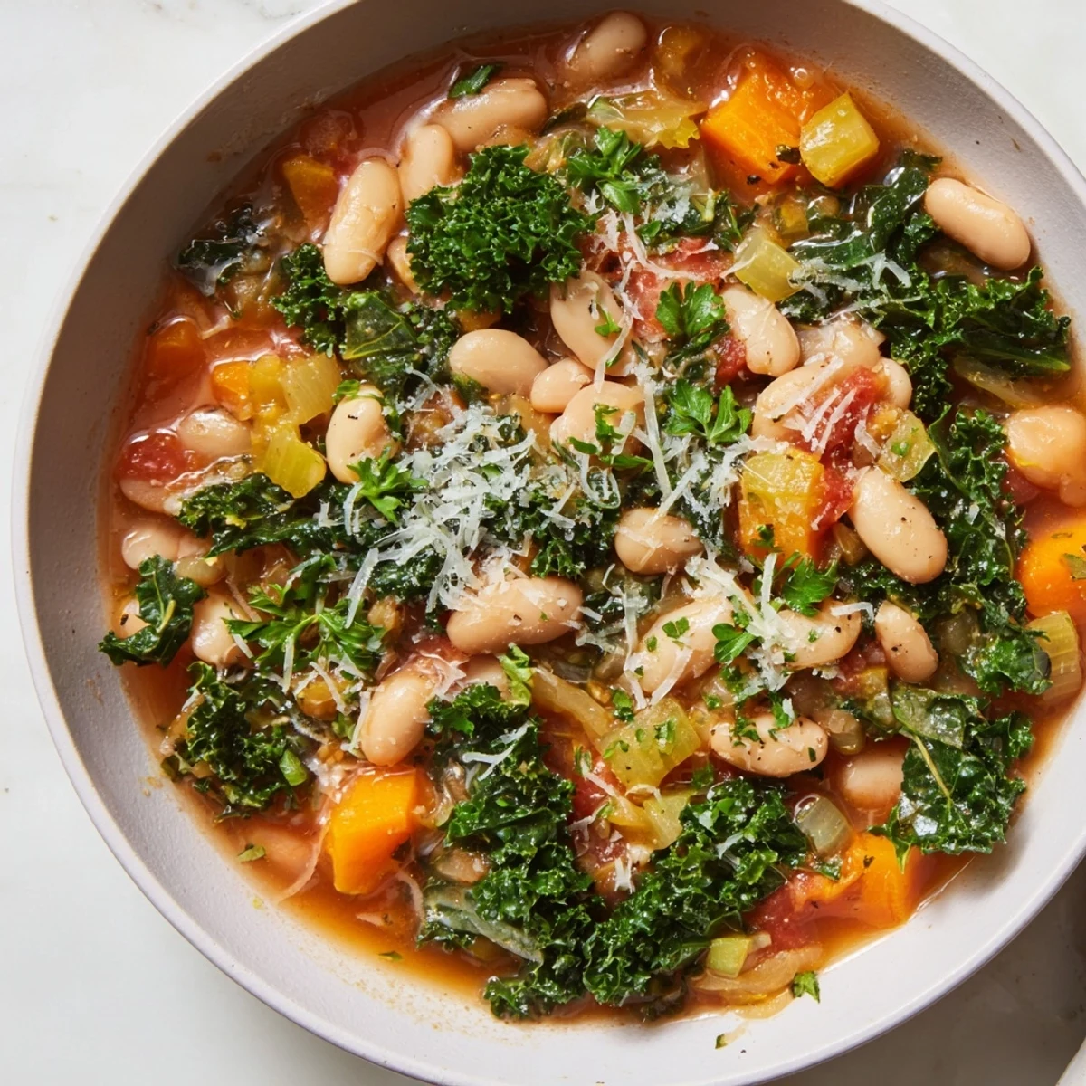 Close-up of hearty Italian Bean & Kale Stew, garnished with fresh parsley and Parmesan cheese.