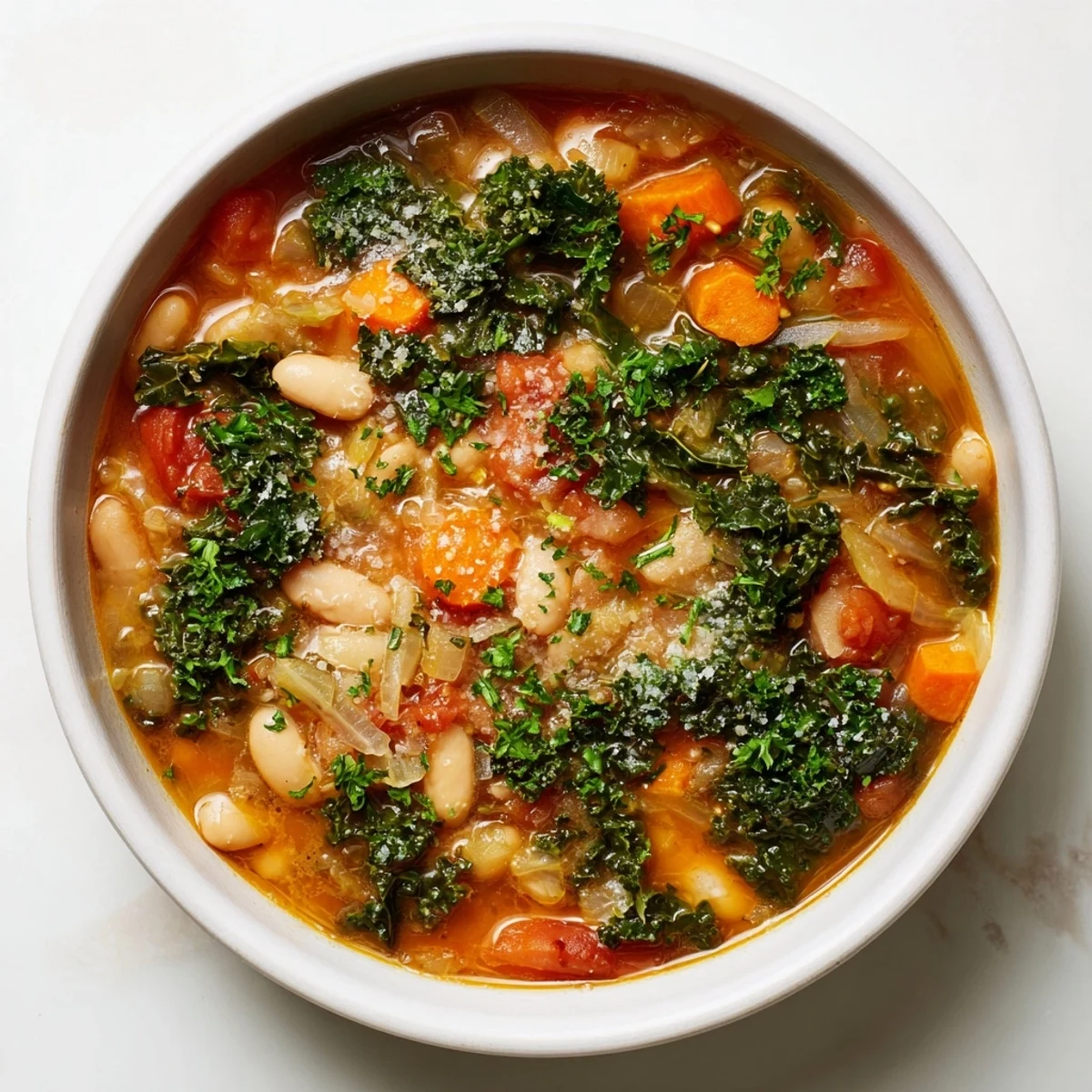 Vibrant colors of Italian Bean & Kale Stew, a delicious, easy vegetarian meal ready to enjoy now.