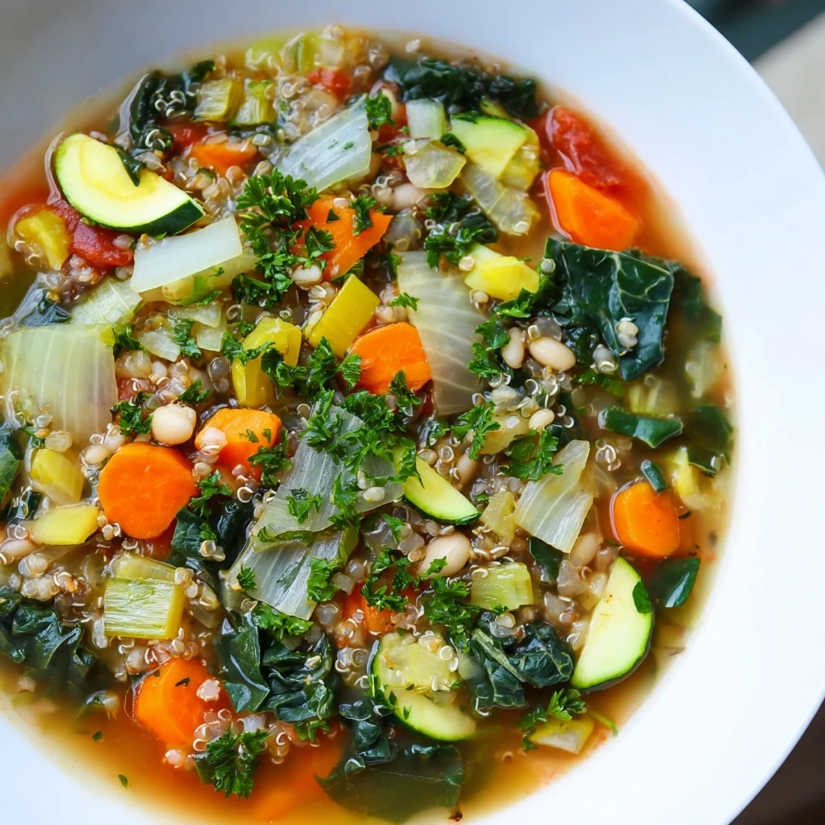 Close-up of the flavorful Minestrone with Quinoa, showcasing fresh winter greens and vegetable medley.