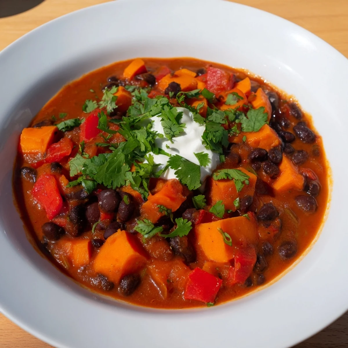 Savory Sweet Potato & Black Bean Chili, a steaming bowl with fresh cilantro and avocado.