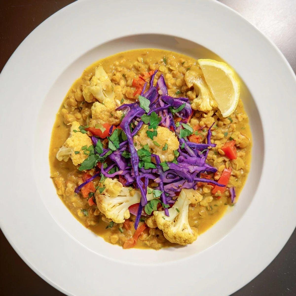 Vibrant Red Cabbage, Cauliflower & Coconut Dhal, ready to serve with fresh cilantro and a lemon wedge.