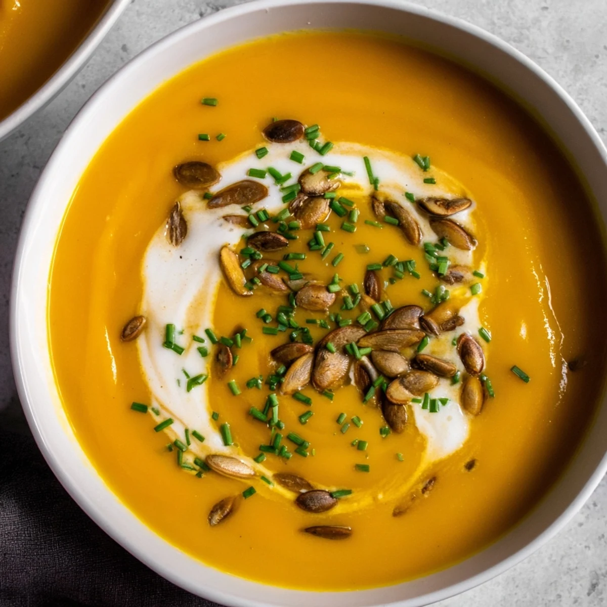 Steaming hot butternut squash & pear soup, a delicious comfort food for fall gatherings.