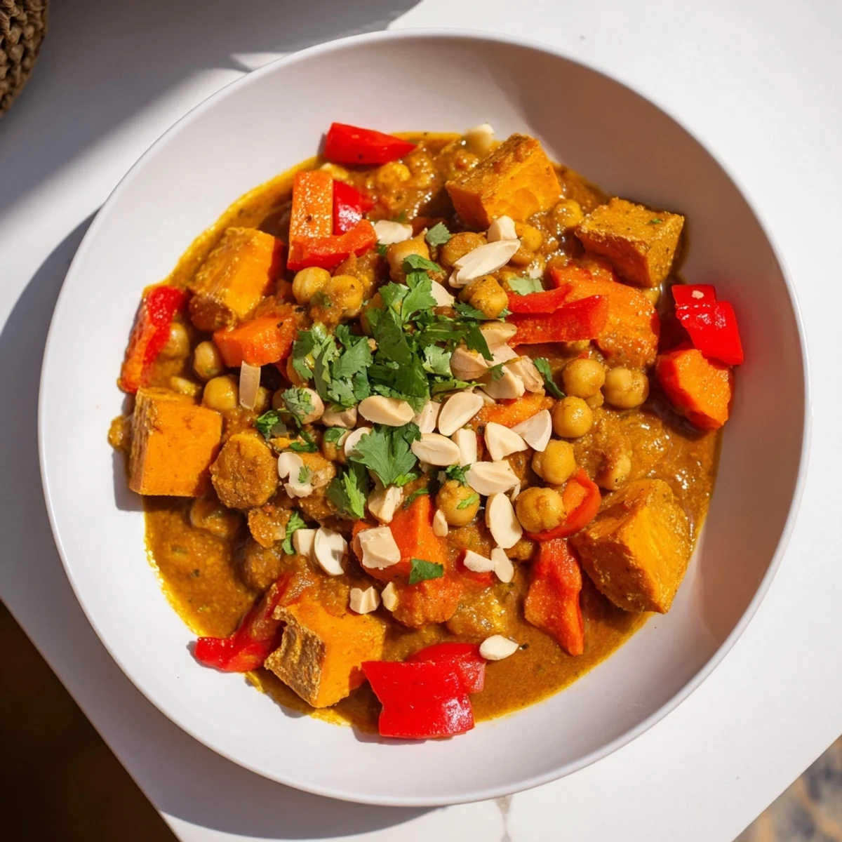 Hearty Moroccan Chickpea & Sweet Potato Tagine: a photo of the spiced, flavorful vegan dinner.