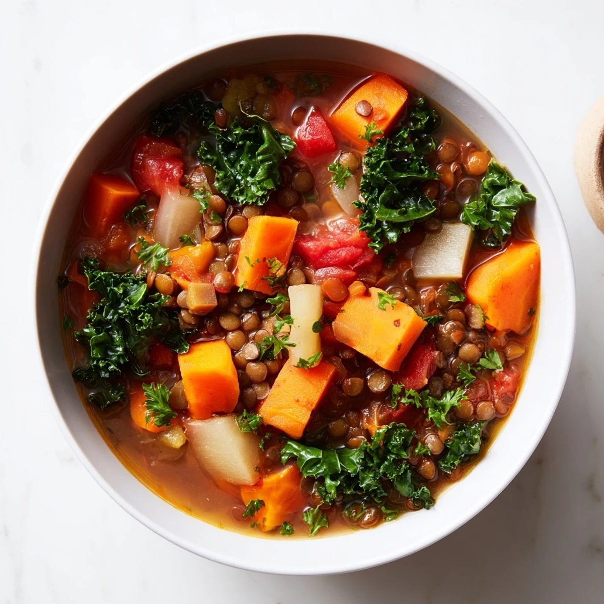Steaming bowl of Winter Vegetable & Lentil Soup, full of colorful vegetables, perfect for a cozy dinner.