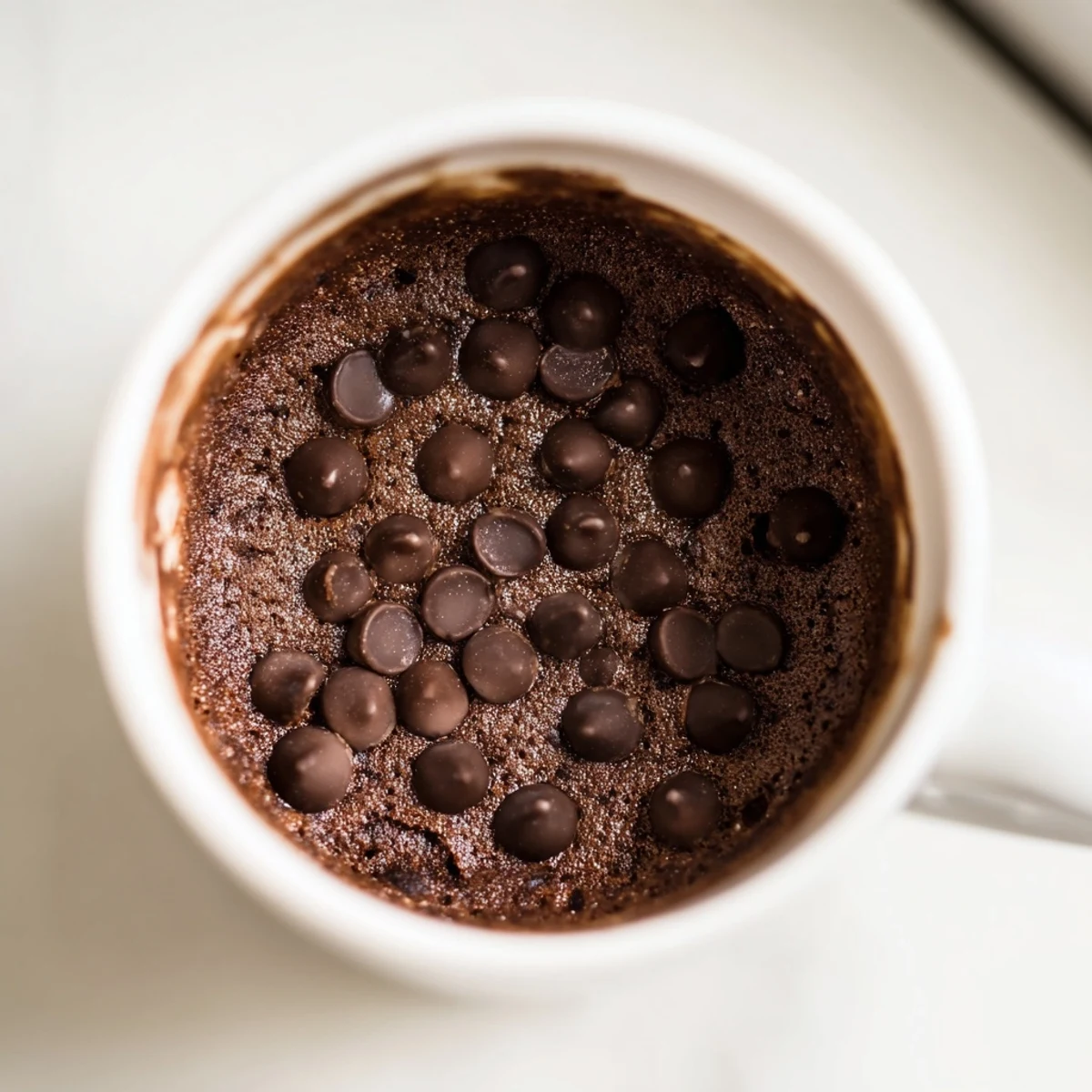 Steaming hot Microwaved Mug Cake with melty chocolate chips, ready to enjoy from the mug.
