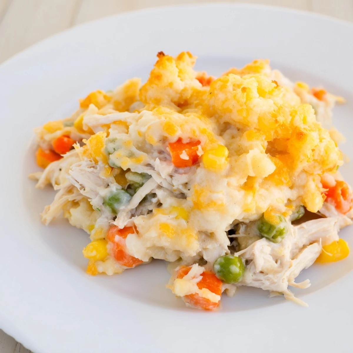 Golden, cheesy cheddar biscuits top a savory One-Pan Chicken Cobbler, perfect for a cozy dinner.