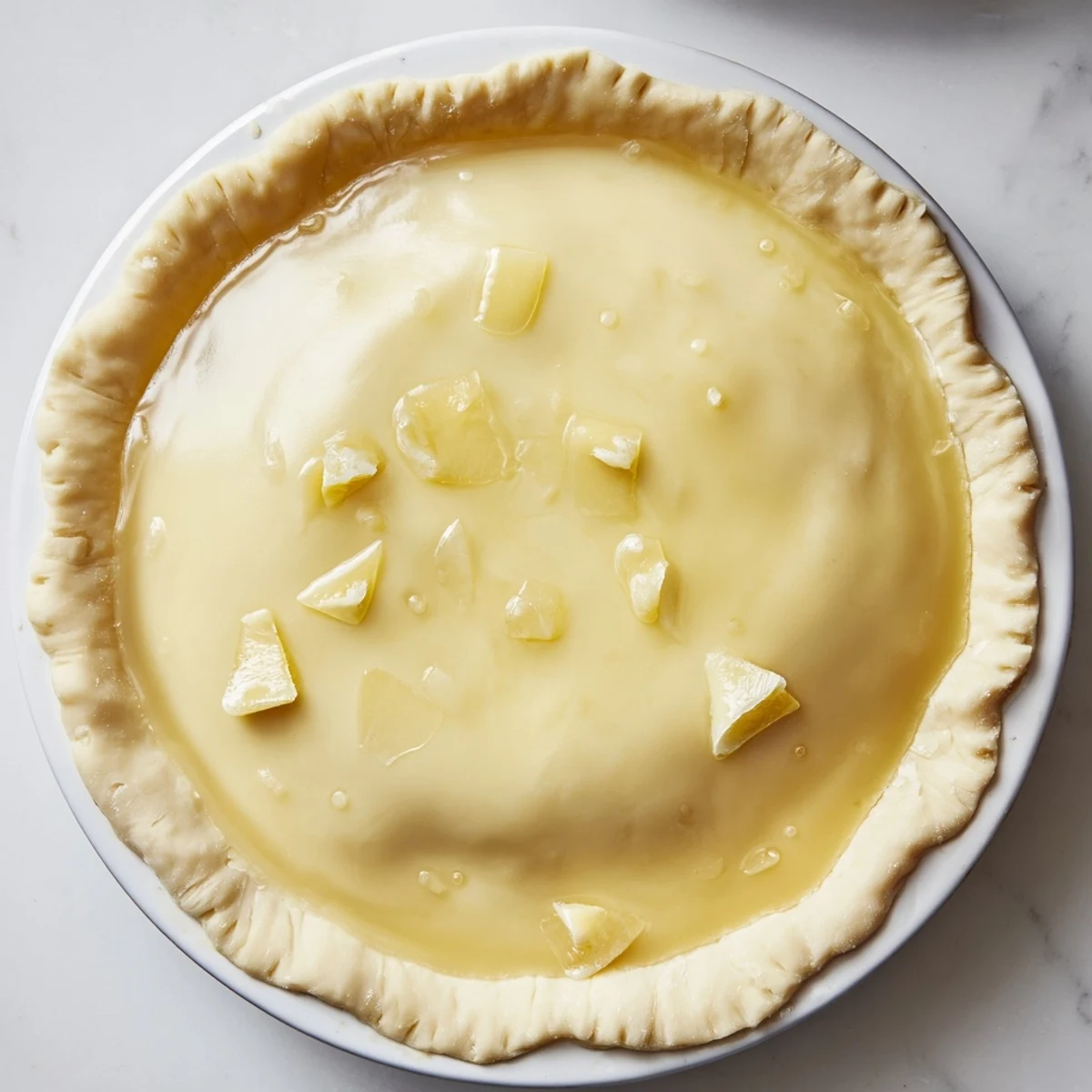 A cooling slice of Water Pie, with a lightly browned crust, is served with optional fresh berries.