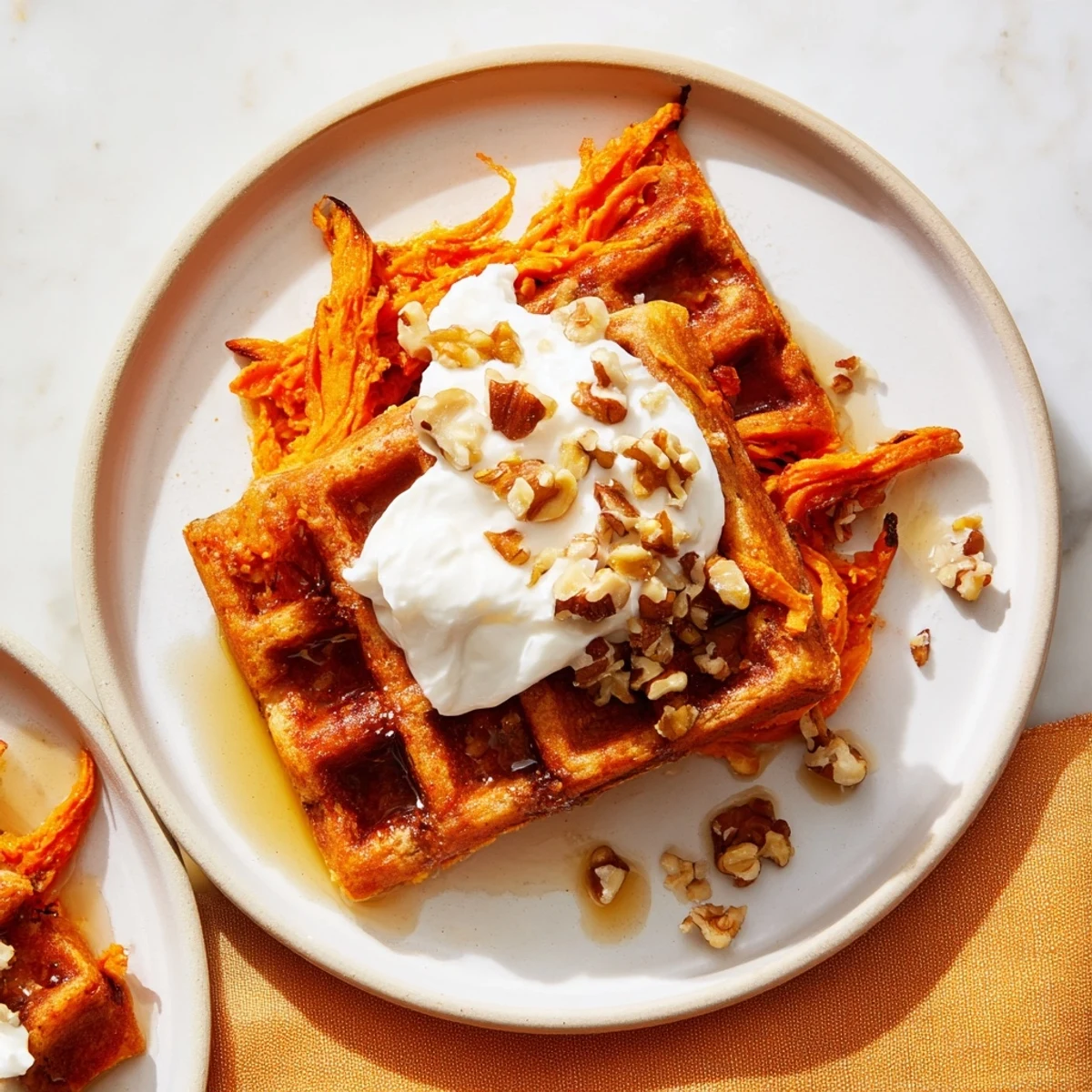 Golden-brown Sweet Potato Waffle Hack, ready for syrup, features crispy edges and sweet potato aroma.