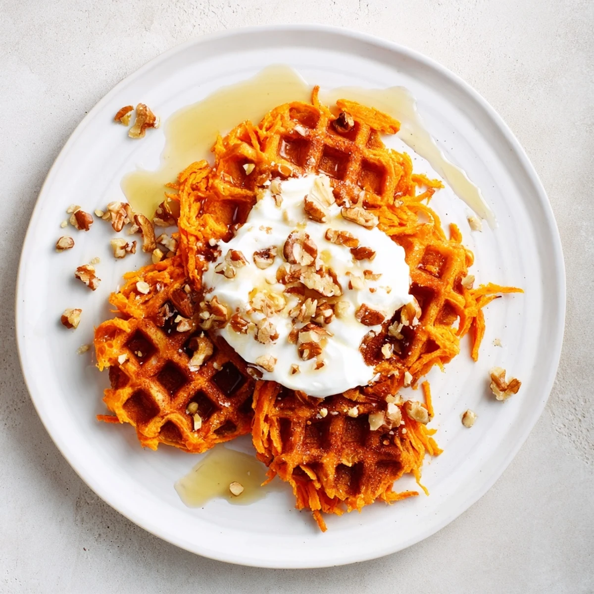 A beautiful stack of Sweet Potato Waffle Hack, described by its fluffy texture and inviting cinnamon scent.