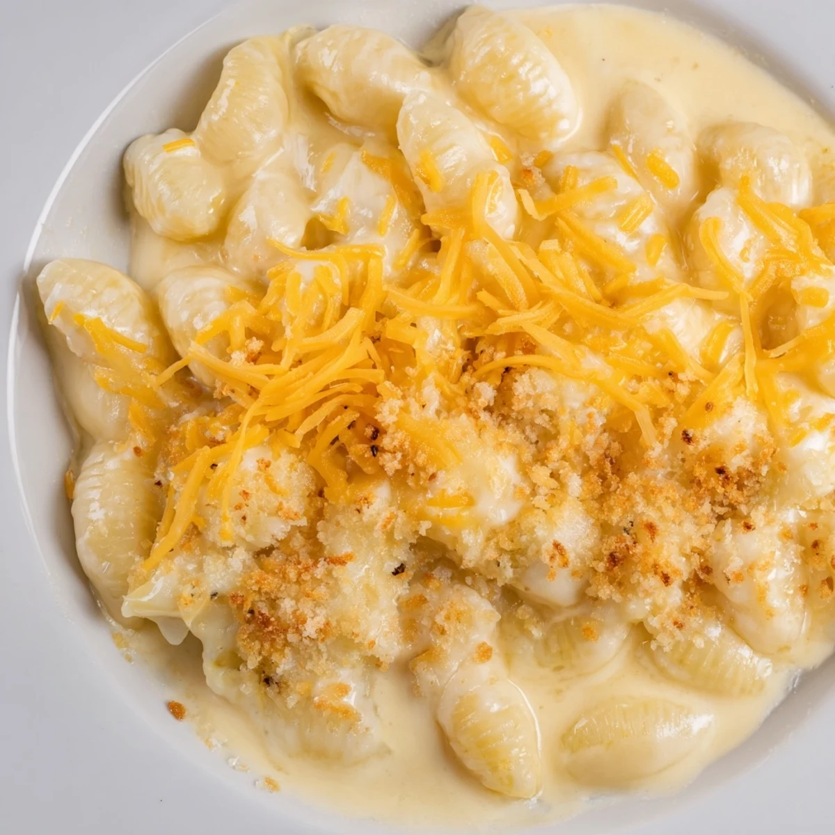 Golden-brown baked mac & cheese with evaporated milk, bubbling and cheesy, ready to serve.