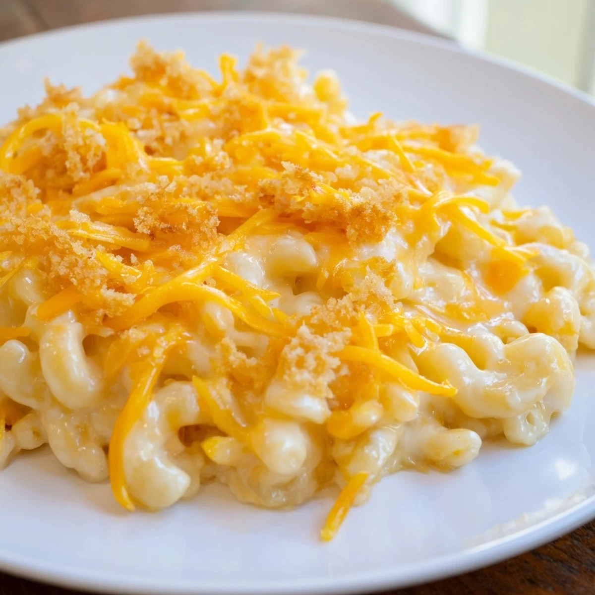 A close-up of cheesy mac & cheese with evaporated milk, showing its rich, velvety texture.
