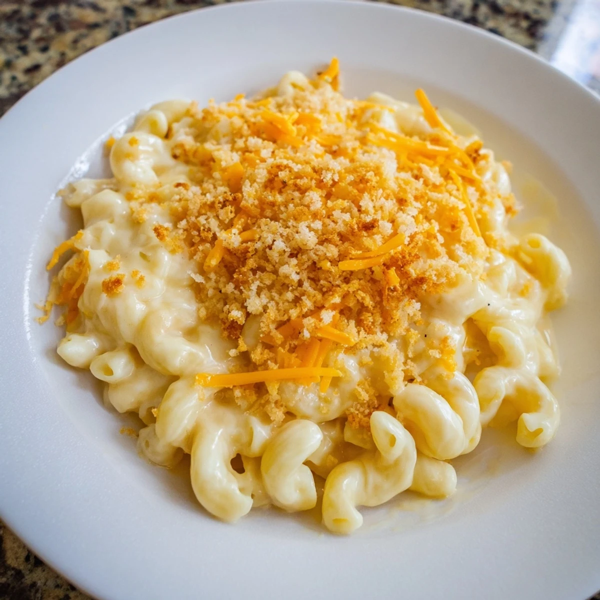 Creamy mac & cheese with evaporated milk, featuring a bubbly cheese topping, perfect comfort food.