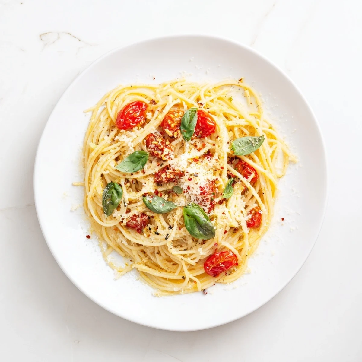 A close-up of steaming Lazy-Girl Pasta, glistening with olive oil and fresh basil atop a simple meal.