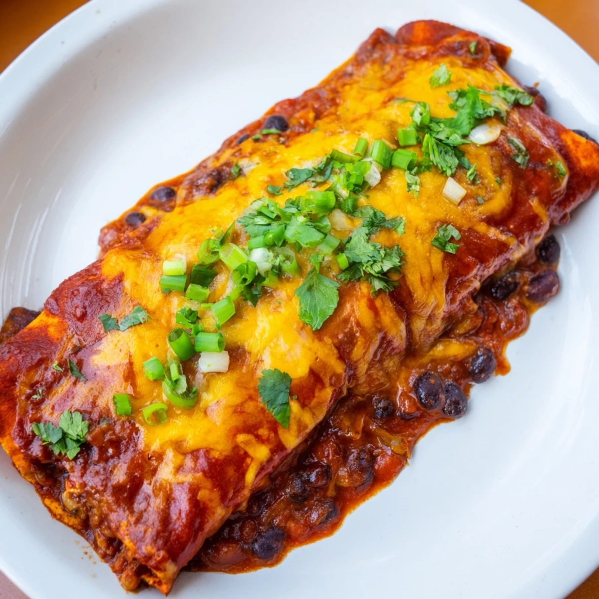 Warm, cheesy bean enchiladas bubbling from the oven, ready to be served with fresh cilantro.