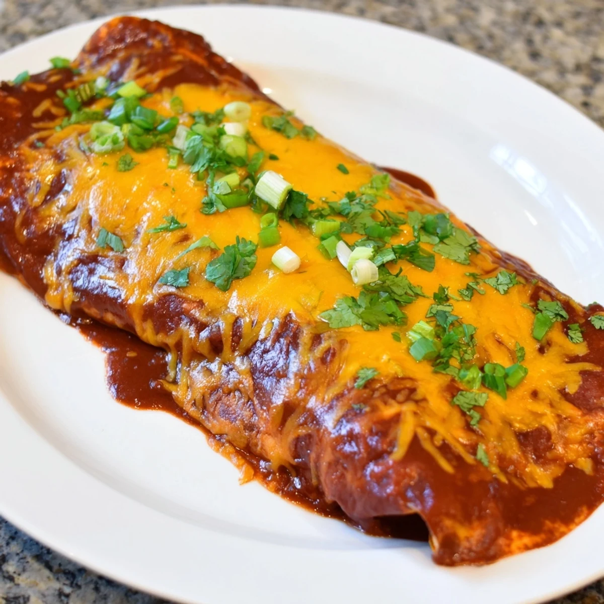 A close-up of steaming cheesy bean enchiladas, showcasing the vibrant red sauce and melted cheese.