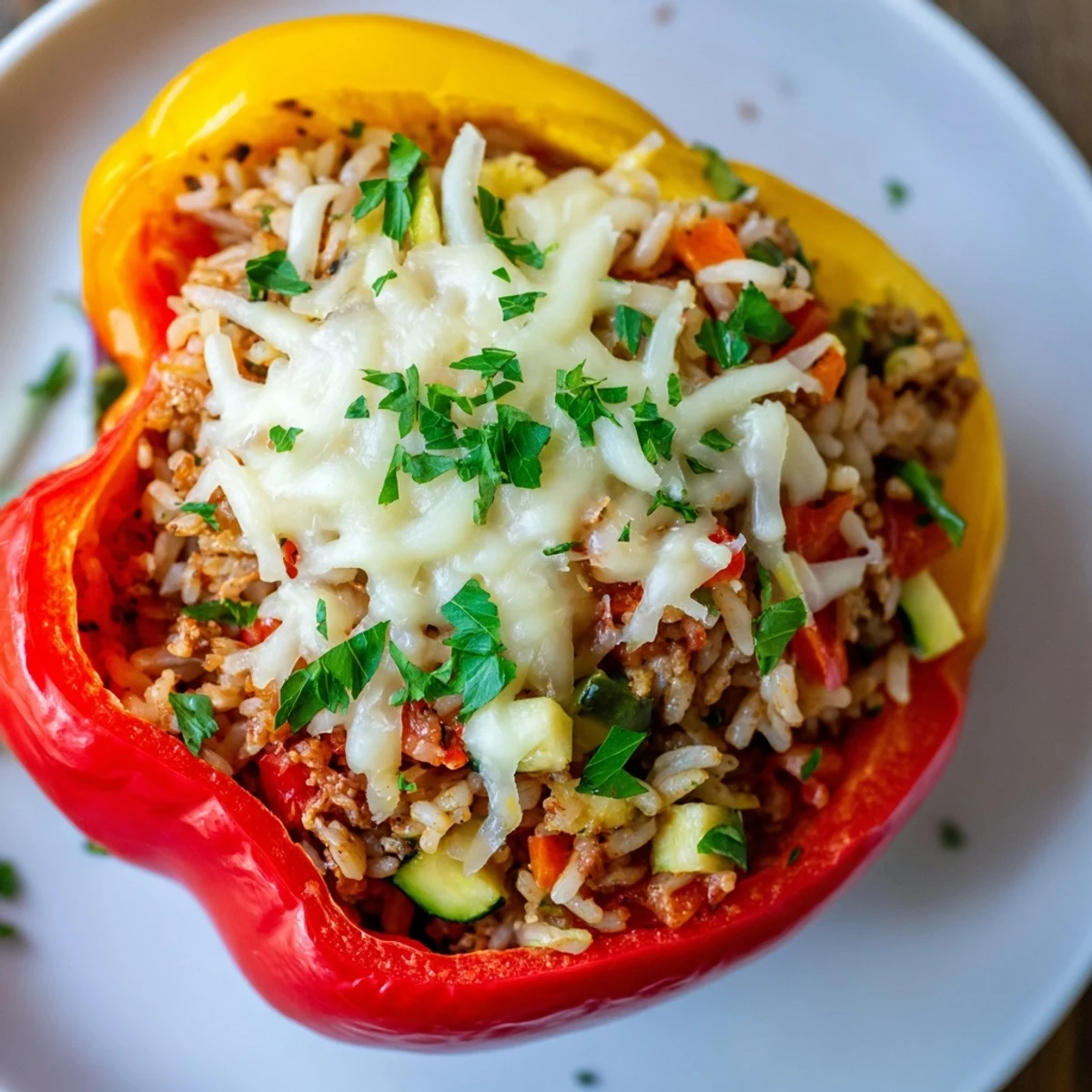 Golden, cheesy Stuffed Peppers with ground turkey and rice, a flavorful baked dinner bursting with vegetables.