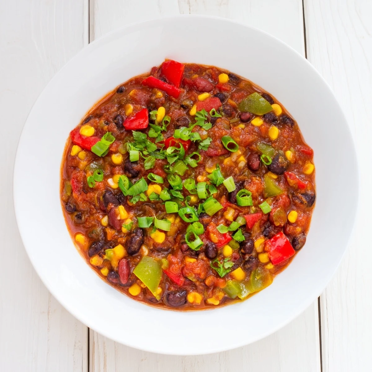 Steaming bowl of veggie chili, a colorful vegan meal topped with fresh cilantro.