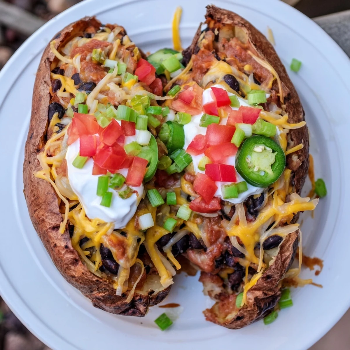 Golden, melted cheese blankets a loaded baked potato with chili and creamy sour cream.