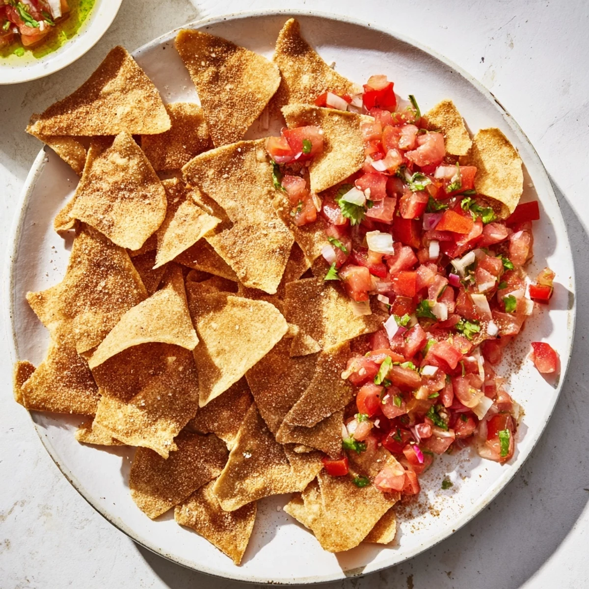 Close-up of air-fryer tortilla chips, perfectly golden and seasoned, ready for a delicious snack.