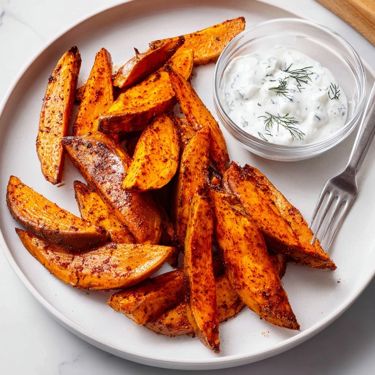 Close-up of crispy roasted sweet potato wedges ready to dip into cool, tangy yogurt.