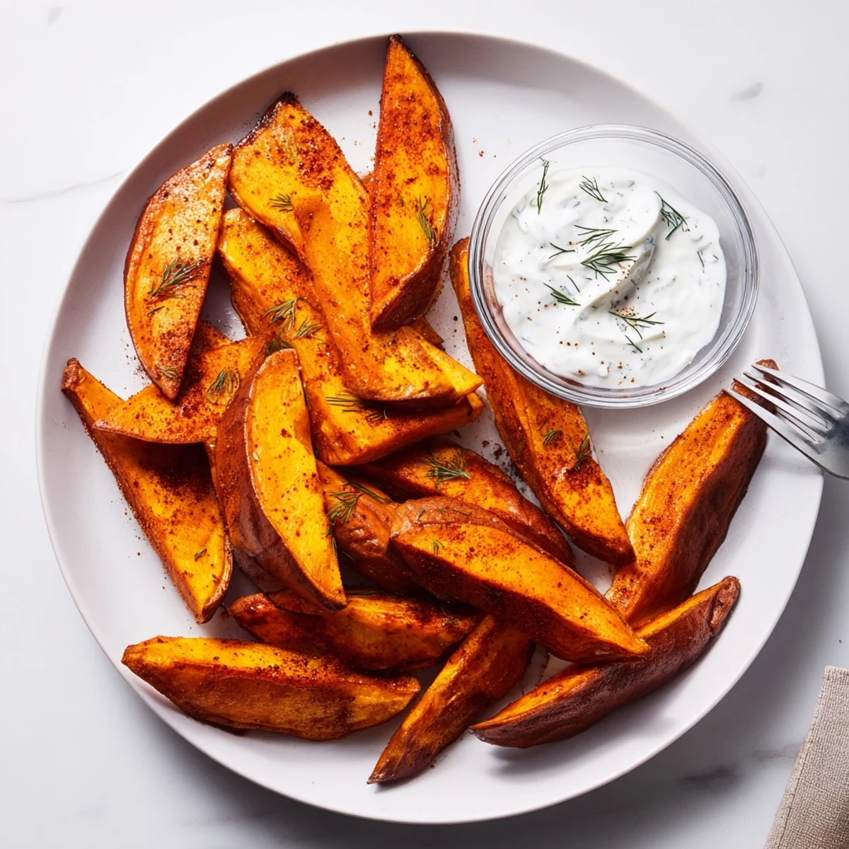 Warm, flavorful roasted sweet potato wedges; perfect side dish, ready for dipping and eating.