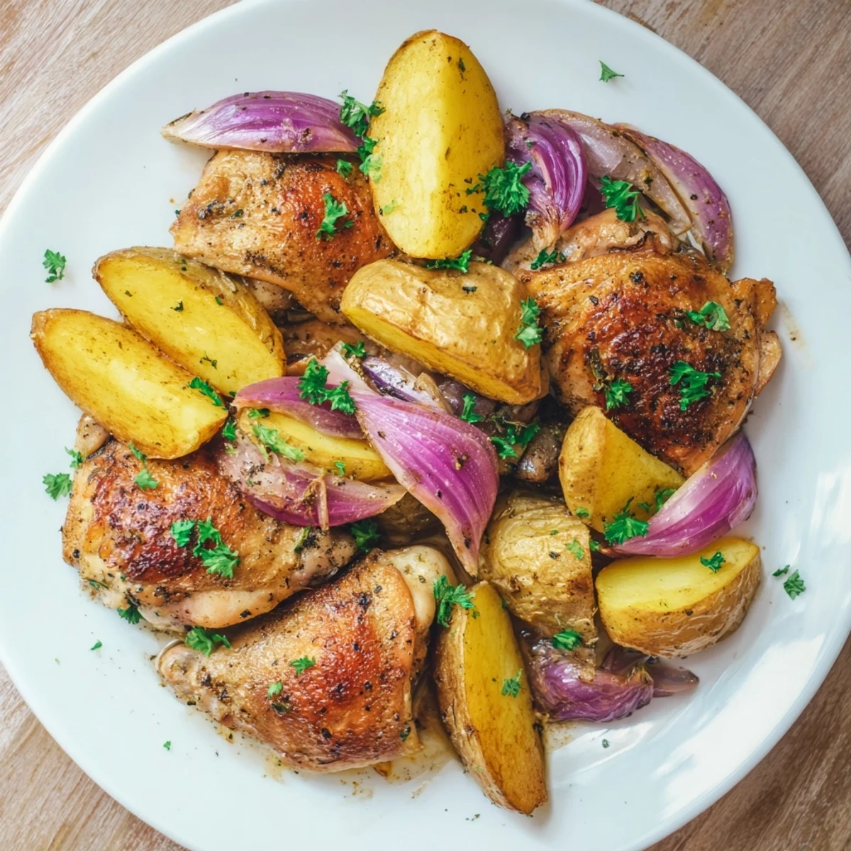 Golden Greek Lemon Chicken and Potatoes roasted on a sheet pan, ready to serve with parsley.