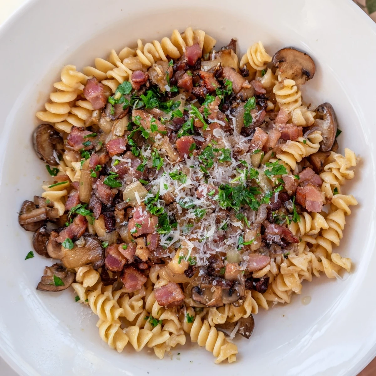 Fusilli with Bacon, Onions, and Mushrooms, a steaming pasta dish with crispy bacon crumbles.