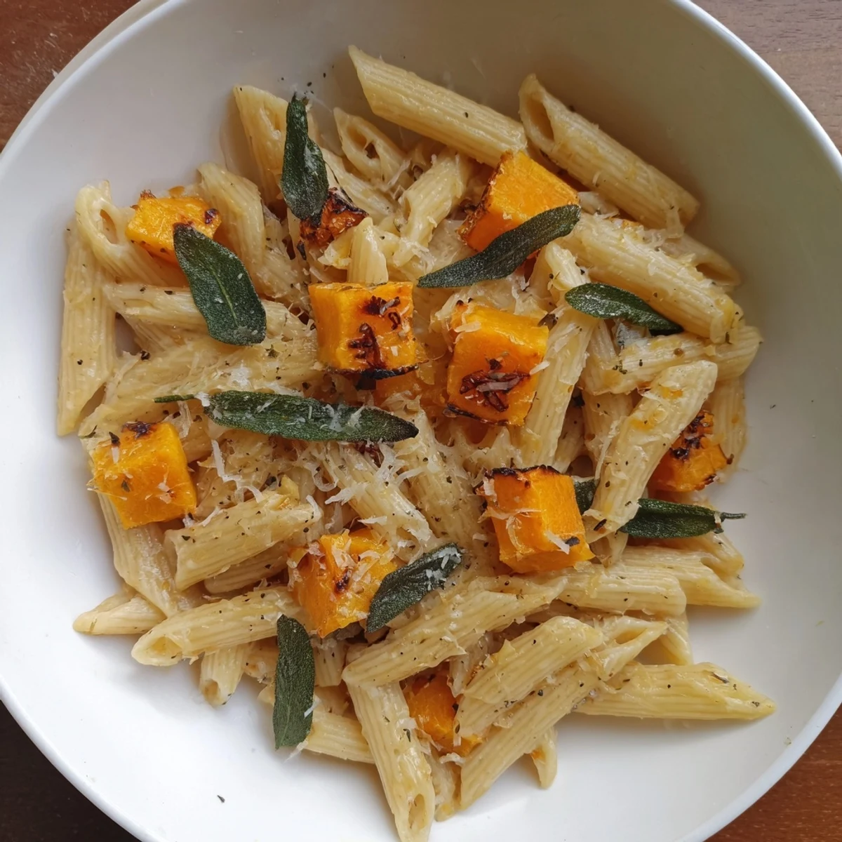 A close-up shot of rich brown butter pasta with butternut squash, perfect for fall.