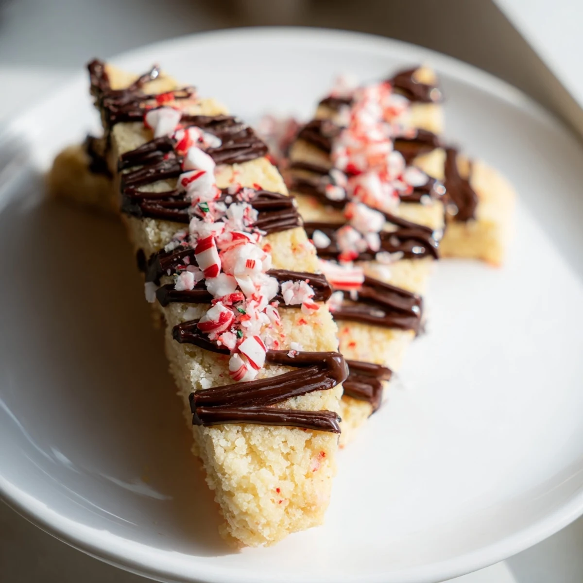 Warm chocolate peppermint shortbread wedges, beautifully drizzled, ready to enjoy as a sweet dessert.
