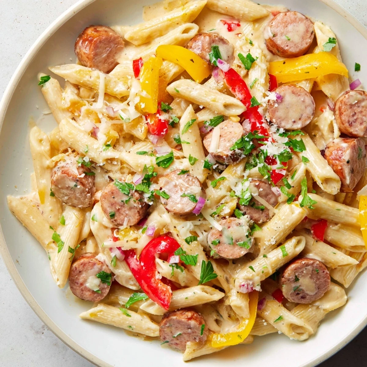 Close-up of Cajun Spiced Smoked Sausage Alfredo, garnished with parsley; a comforting weeknight meal.