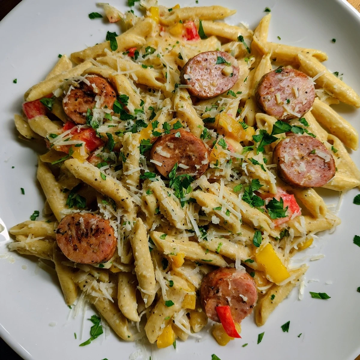 Vibrant photo of Cajun Spiced Smoked Sausage Alfredo: a delightful one-pot pasta dish, perfect for dinner tonight.