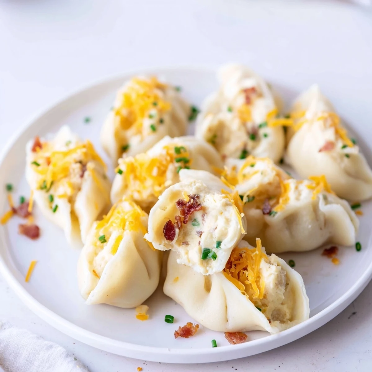 Golden, pan-fried Loaded Baked Potato Soup Dumplings ready to be garnished with fresh chives and cheese.