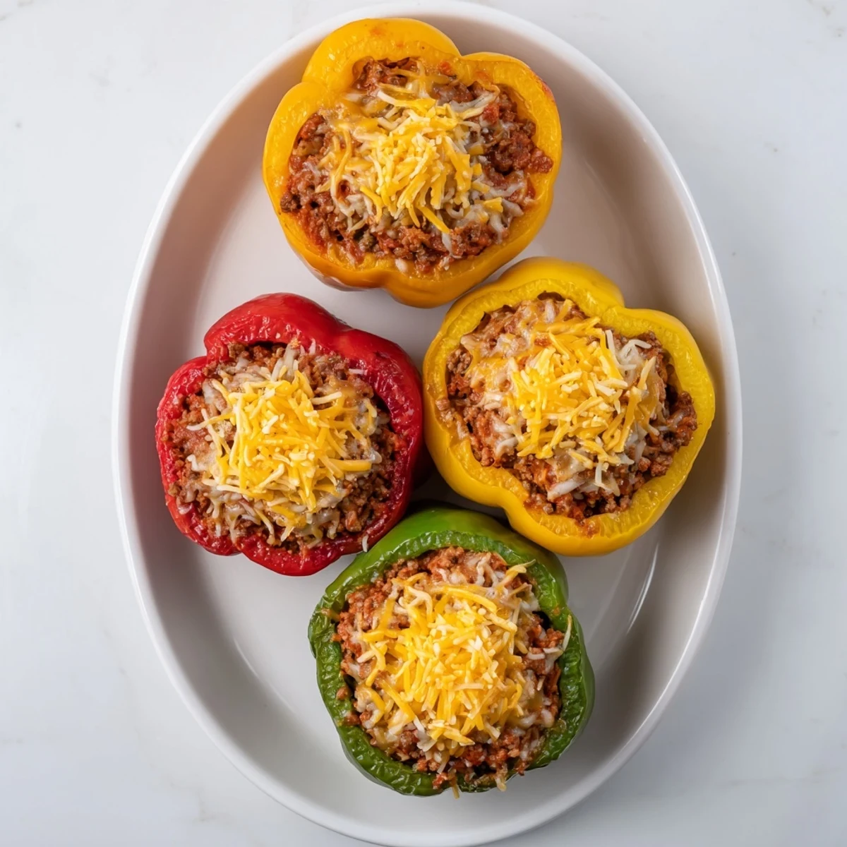 Savory ground beef filling inside vibrant Sloppy Joe Stuffed Bell Peppers, a hearty main course.