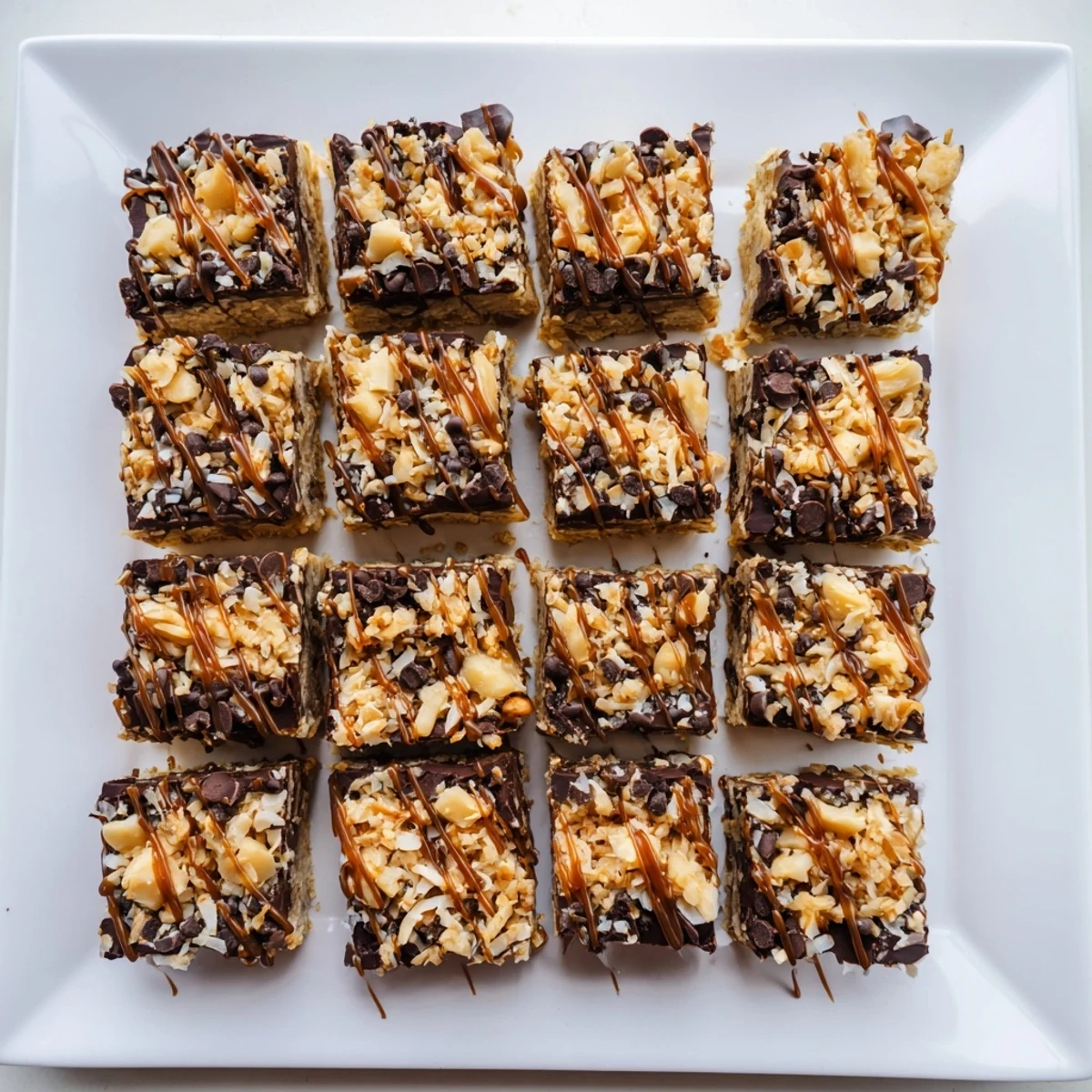 Golden, gooey 7-Layer Magic Bars topped with sea salt caramel, a perfect after-dinner dessert.