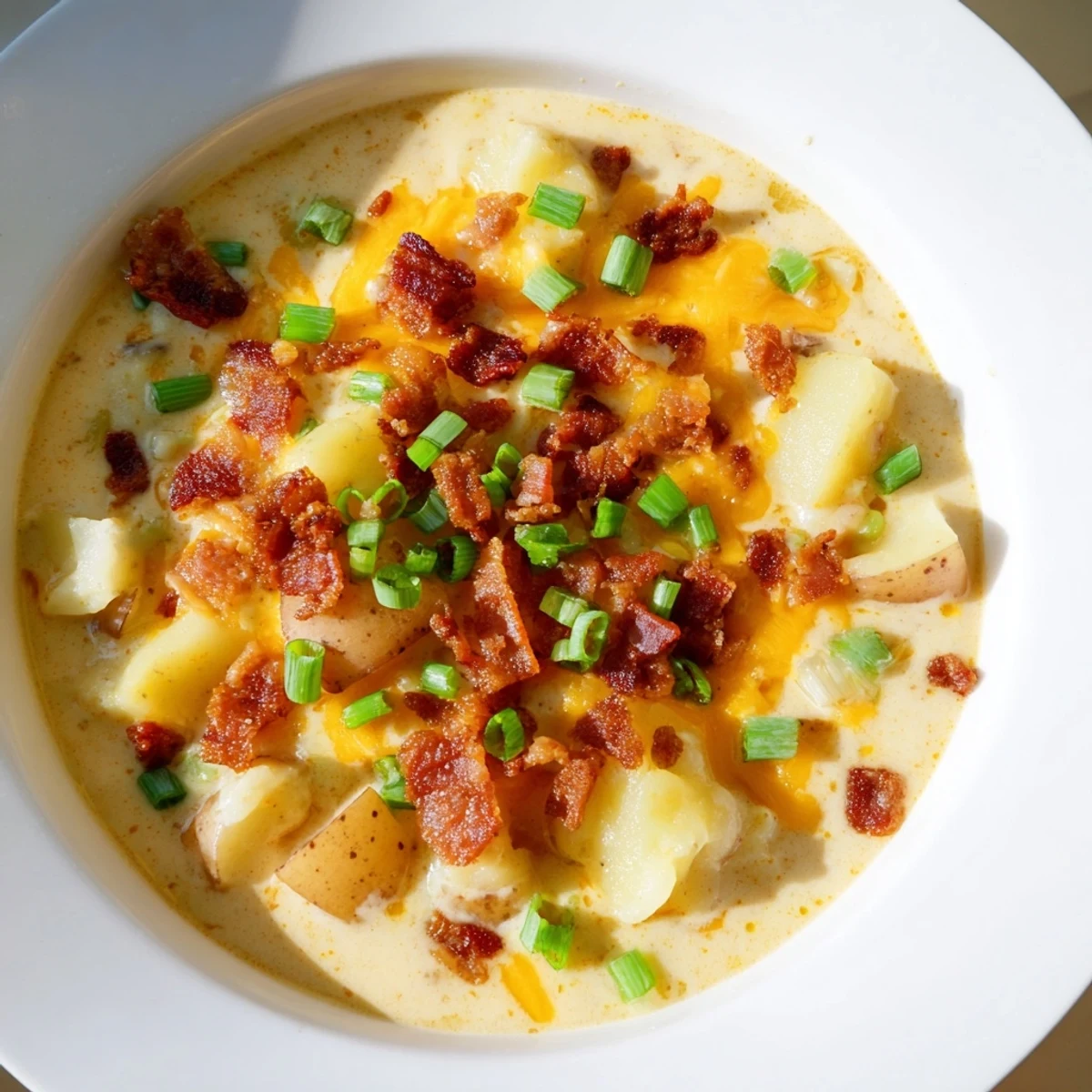 Crockpot Loaded Baked Potato Soup: Creamy, cheesy soup brimming with bacon and fresh green onions, ready to be served.