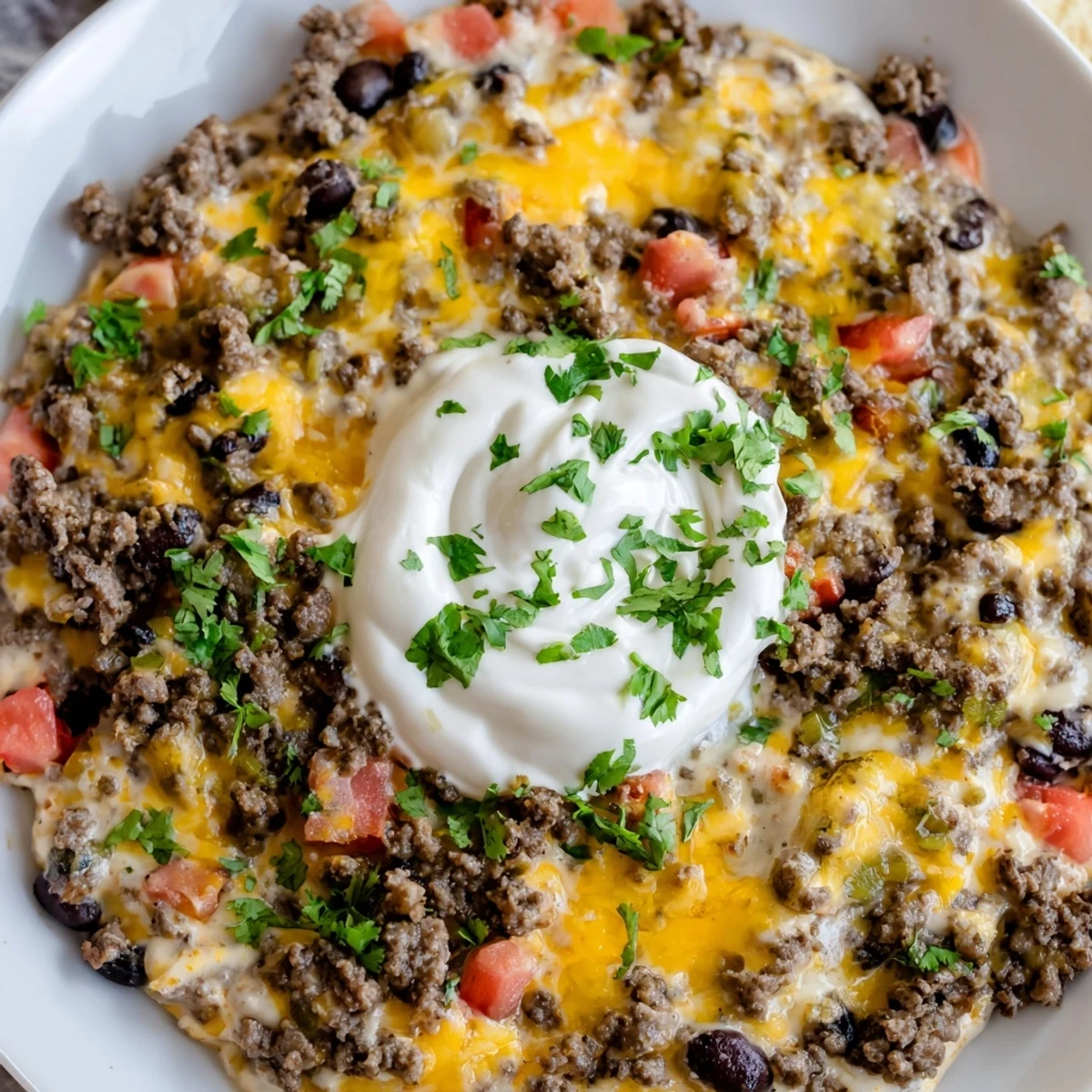 Slow Cooker Cream Cheese Taco Dip bubbling hot, showing melted cheese and savory ground beef ready to scoop.