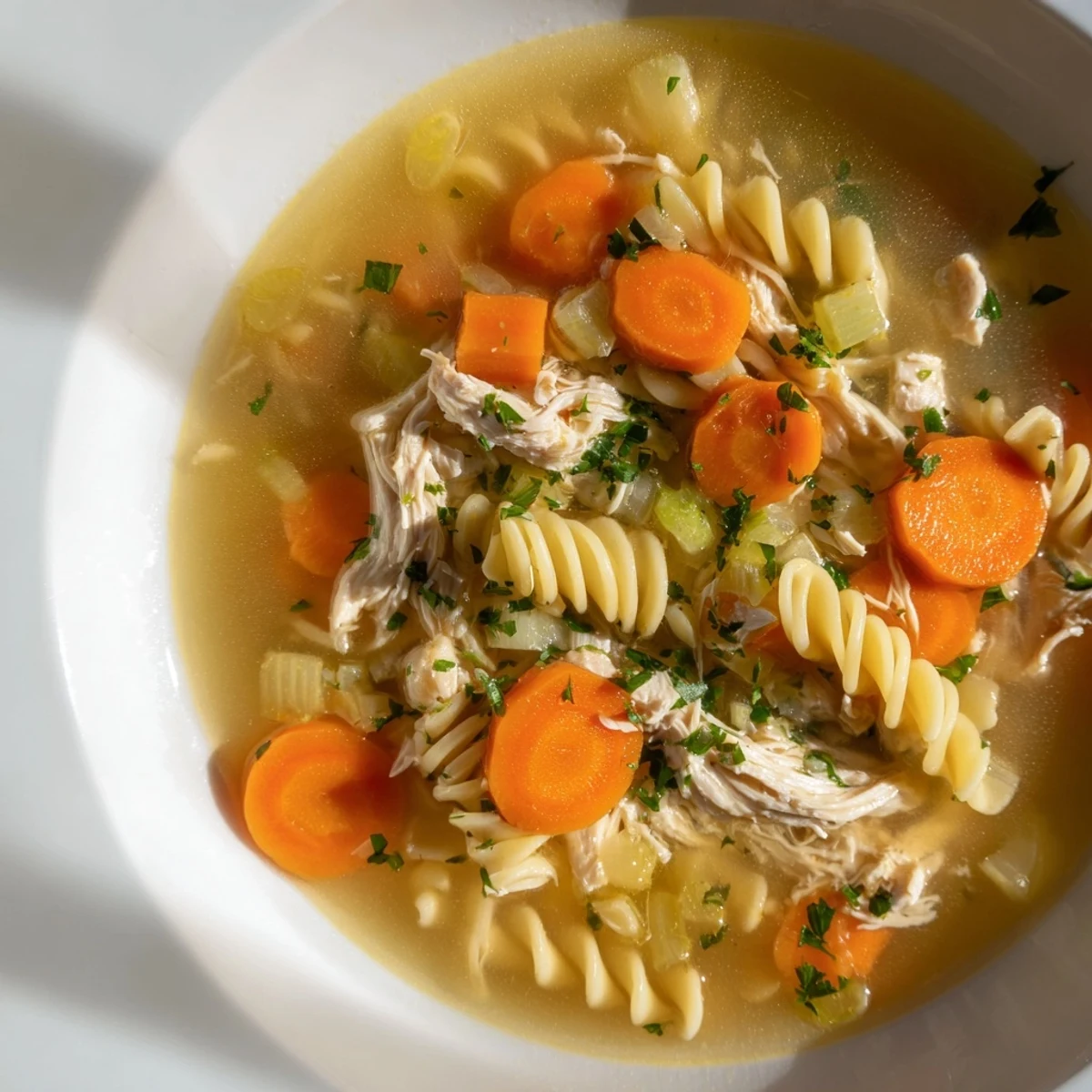 Close-up of a hearty Crockpot Chicken Noodle Soup featuring tender chicken and vibrant vegetables, perfect for a cold day.