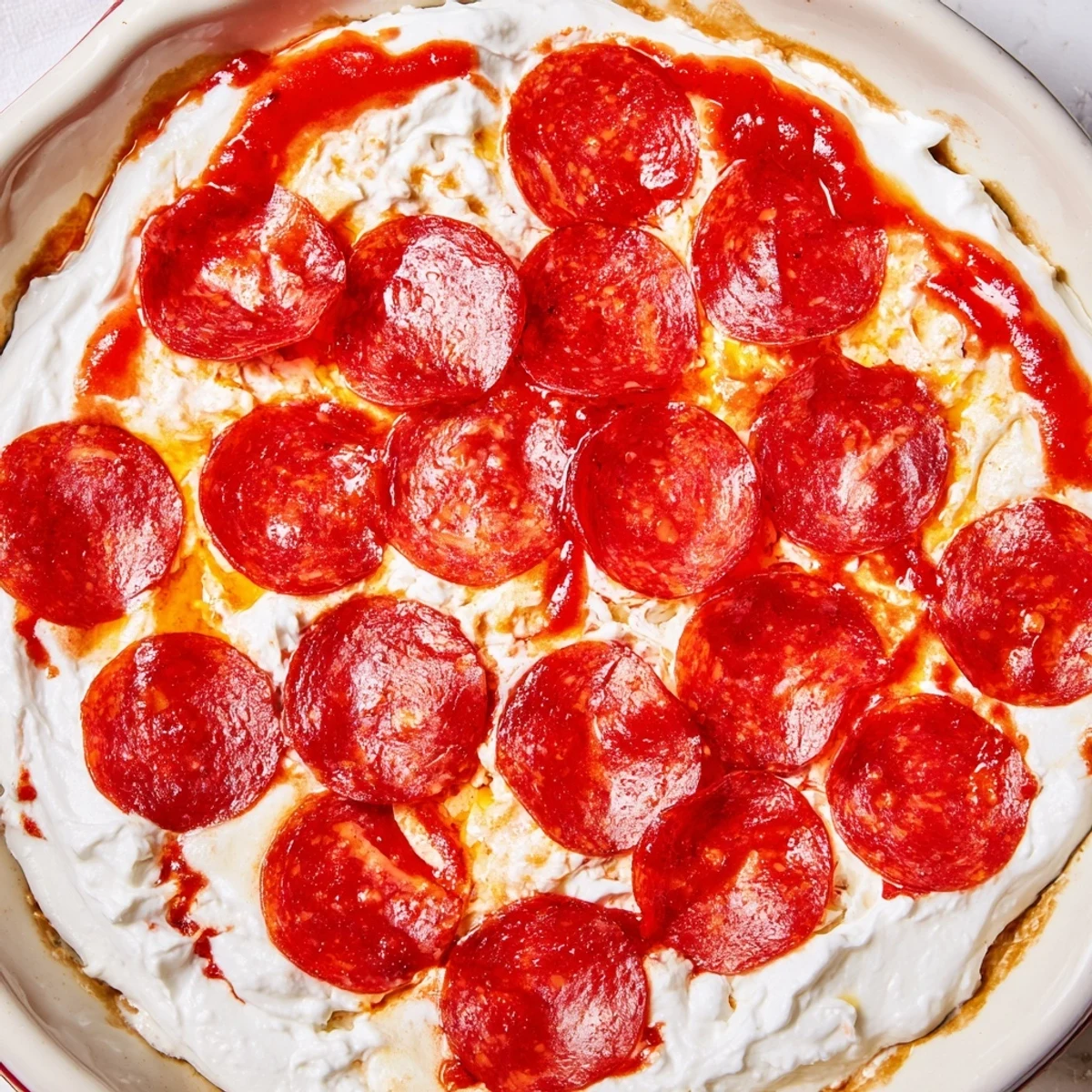 Warm and bubbly pizza dip with melted cheese and crispy pepperoni, perfect for sharing.