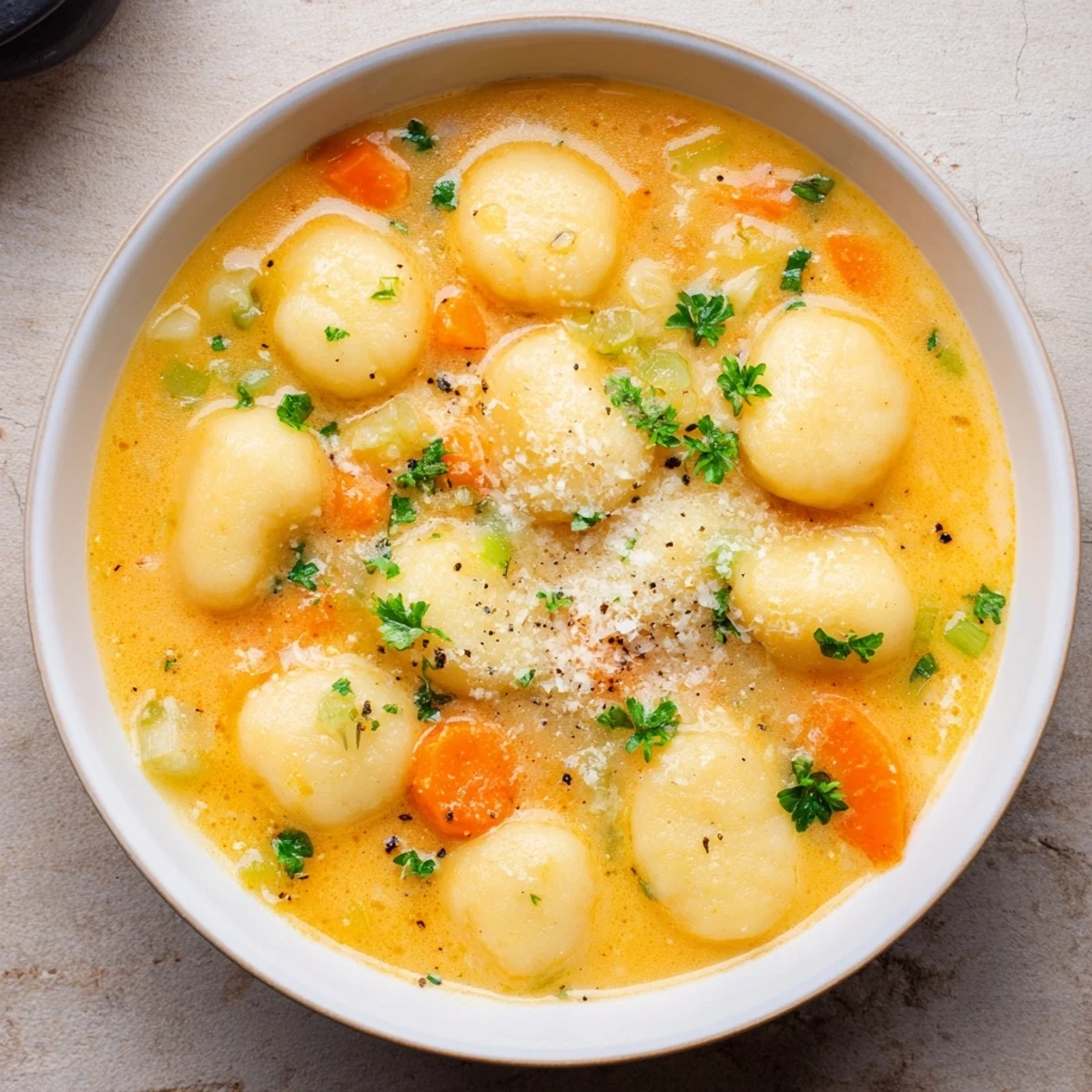 Steaming bowl of Savory Butternut Squash Gnocchi Soup, garnished with Parmesan and fresh parsley.