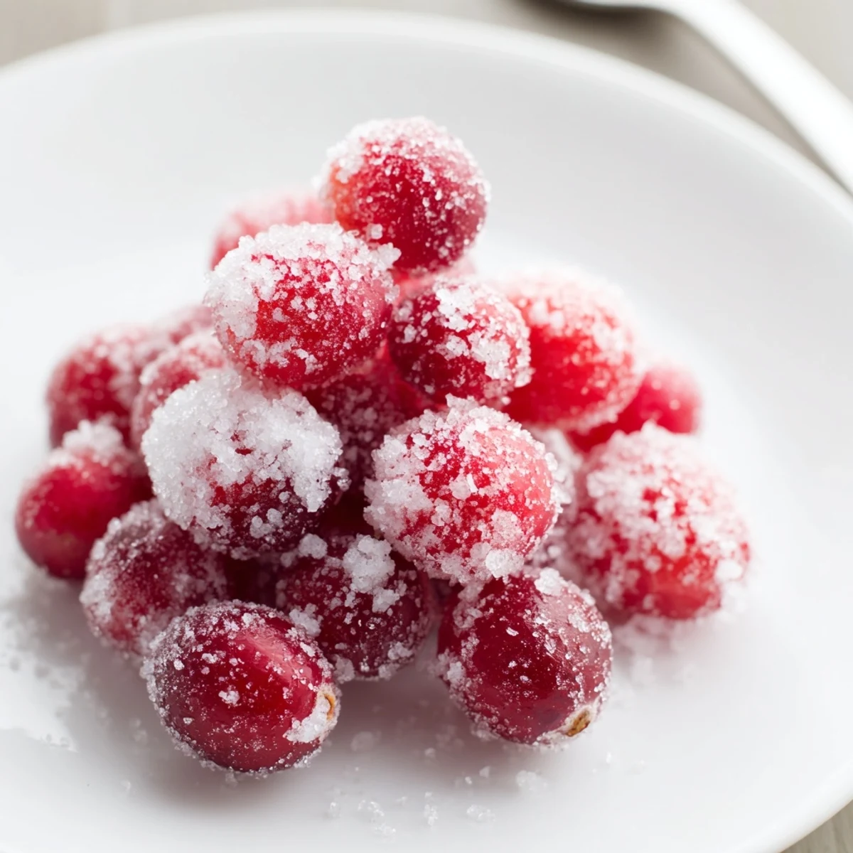 Shiny, sugared 5-Minute Express Candied Cranberries catch the light, a festive snack perfectly sugared.