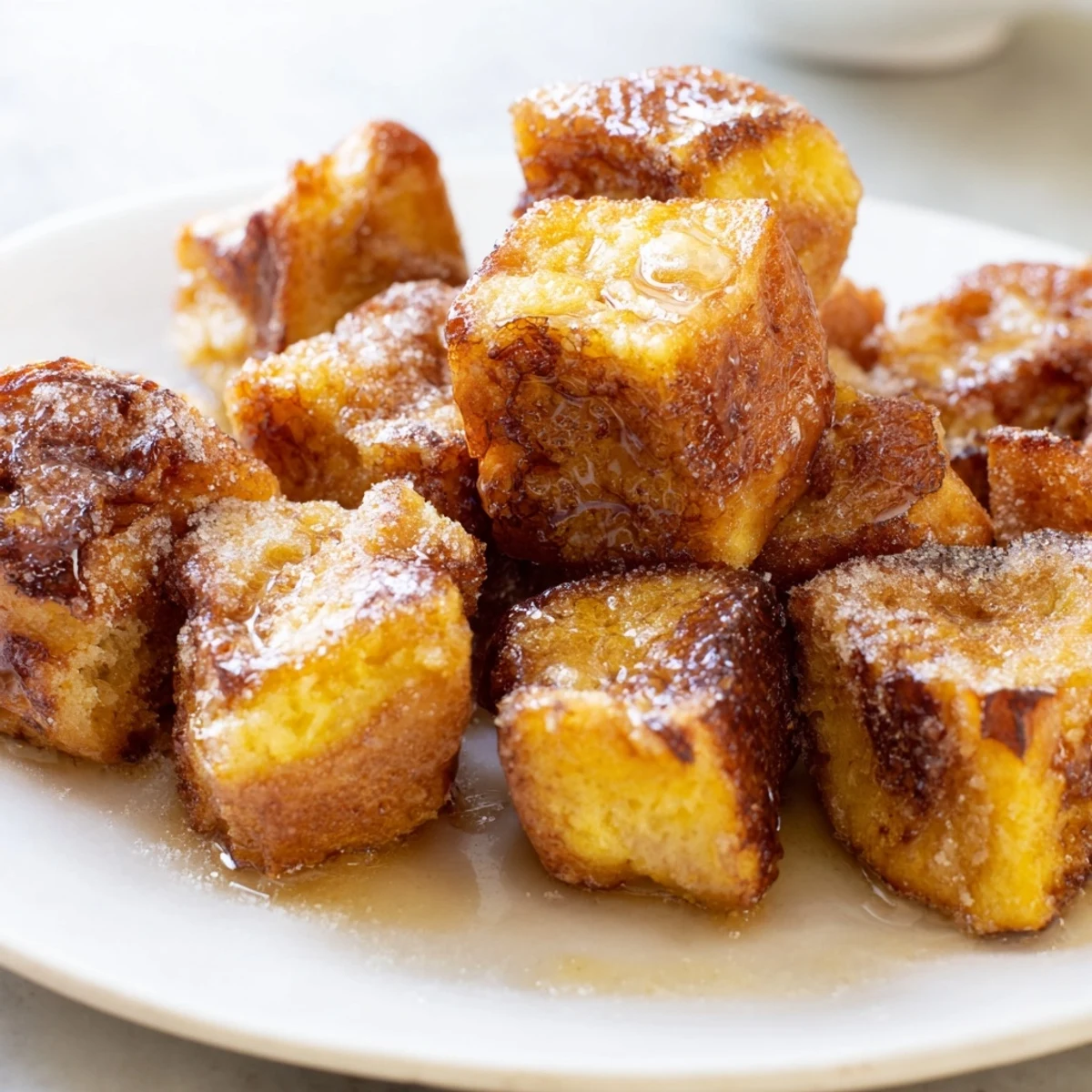 Golden-brown Mini French Toast Casserole Bites, warm and flavorful, perfect for a cozy brunch.