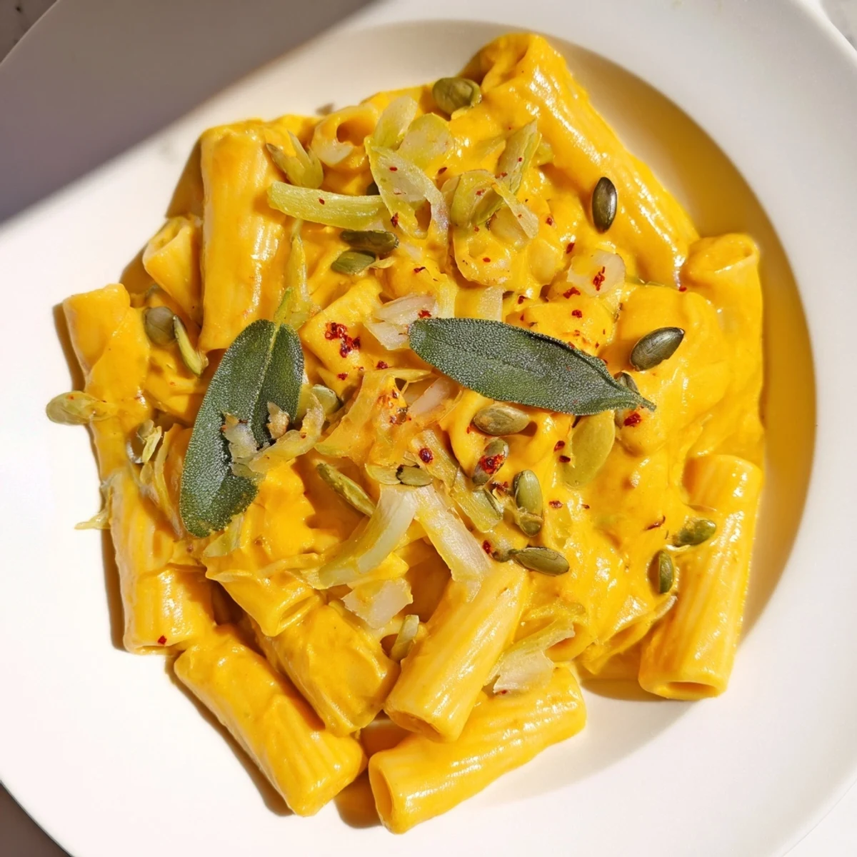 Steaming bowl of Vegan Creamy Pumpkin Pasta, garnished with fresh sage and toasted pumpkin seeds.