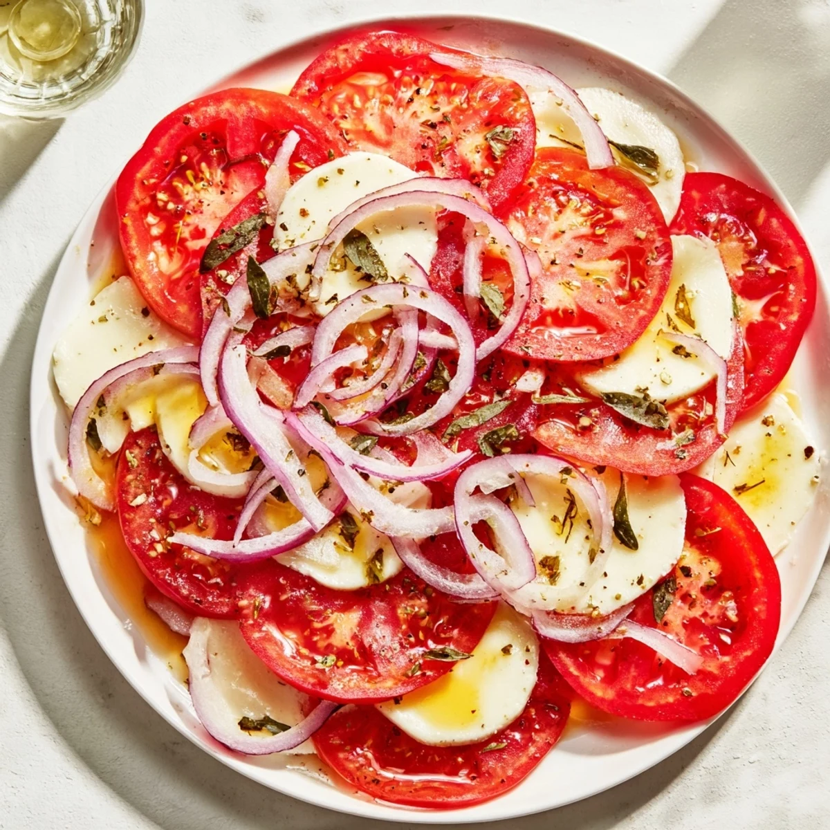 Golden, bubbling Speedy Feta-Free Tomato Bake topped with fresh basil, ready to serve with crusty bread.