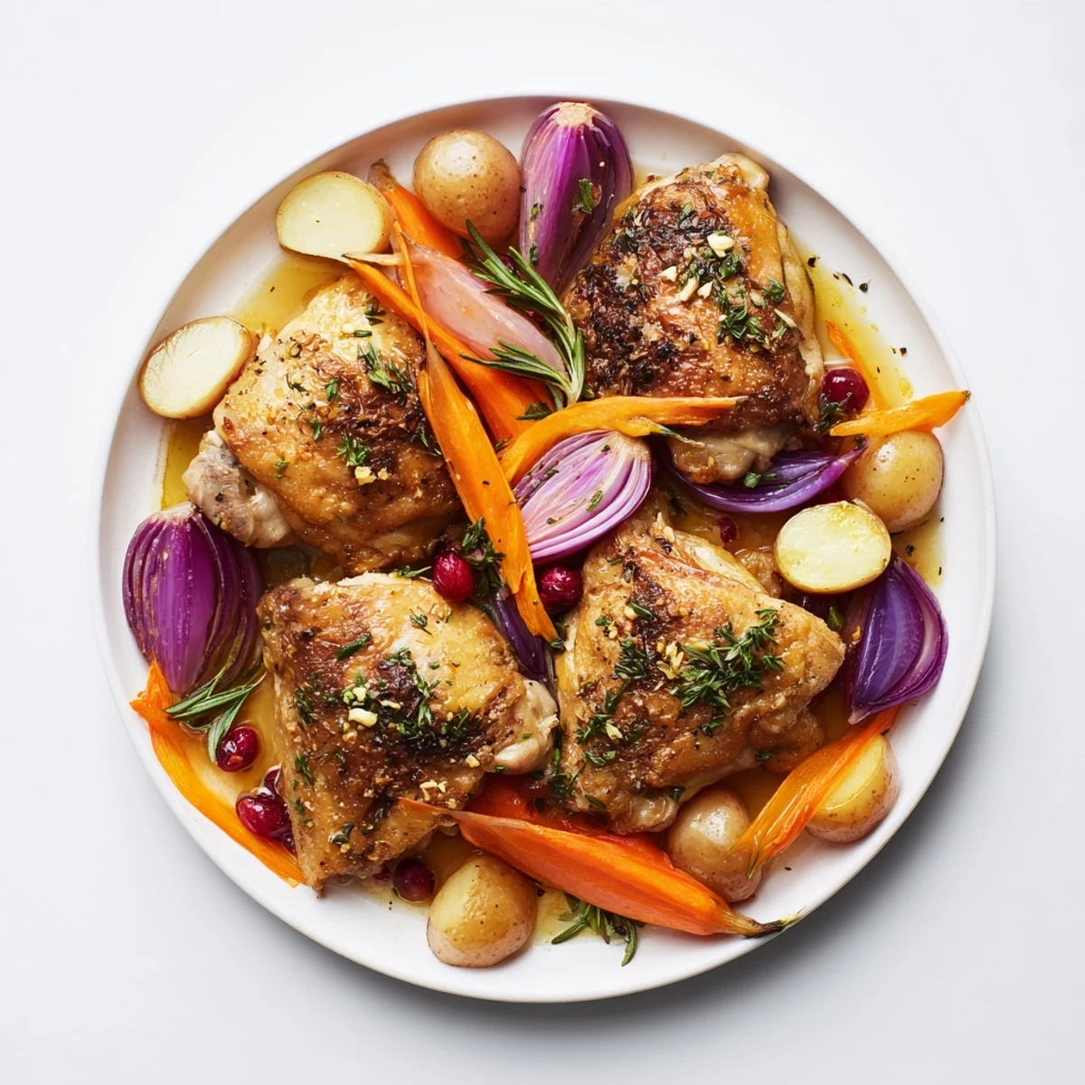 Juicy One-Pan Olive Oil Roast Chicken with Cranberries, surrounded by roasted carrots and potatoes, ready to serve.