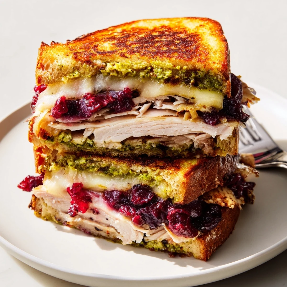 The savory aroma of Pesto Cranberry Turkey Grilled Cheese fills the kitchen, ready to be enjoyed.