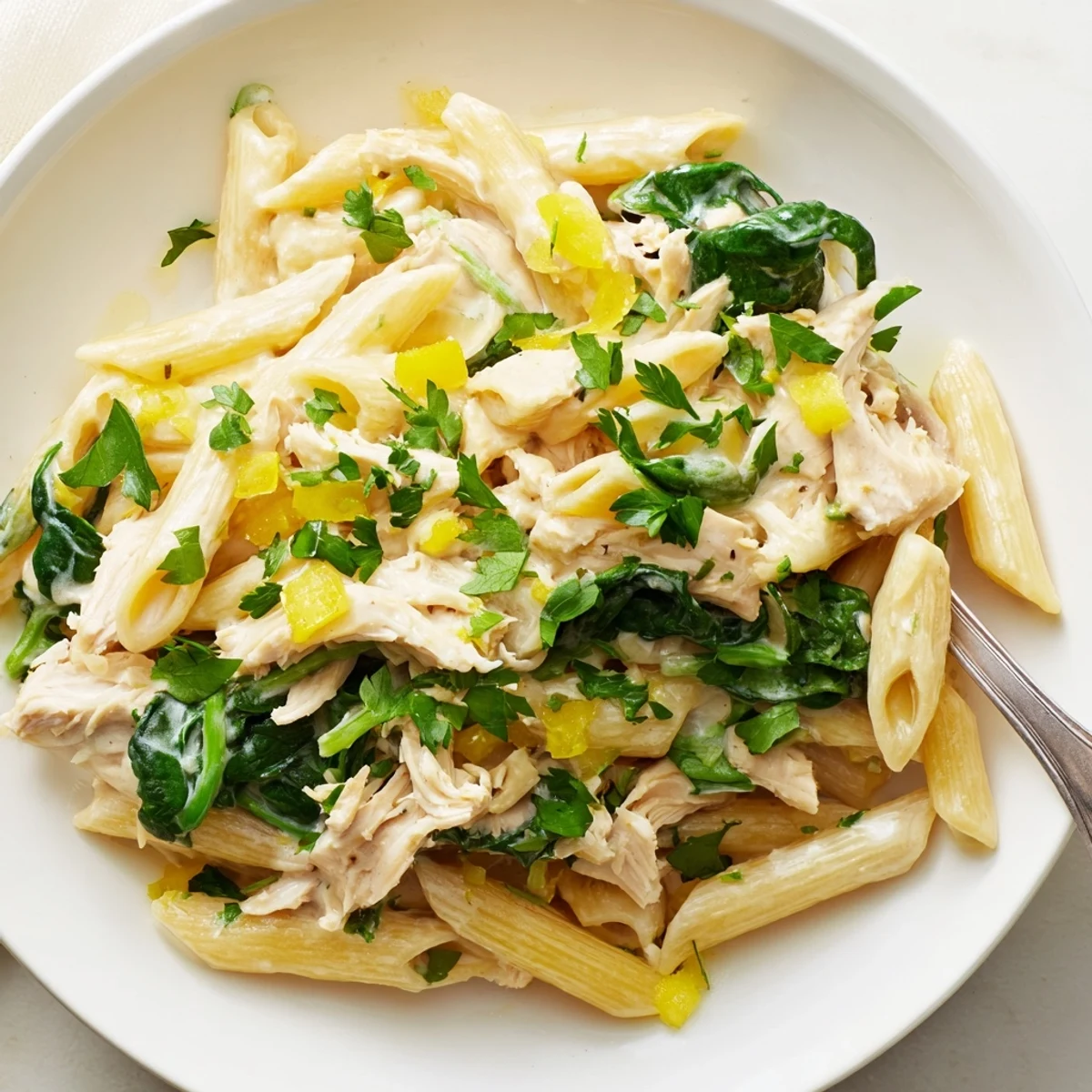 One-Pot Creamy Spinach & Turkey Christmas Pasta, a comforting holiday meal with turkey and spinach.