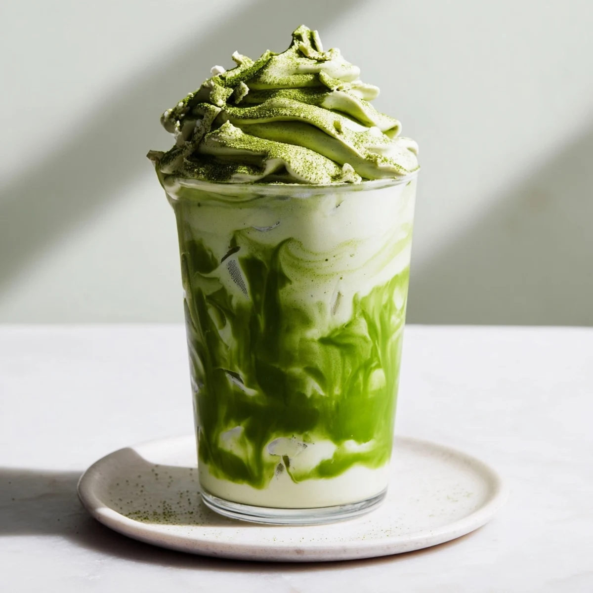 A layered Sugar-Free White Chocolate Candy Cane Iced Matcha with whipped cream and crushed candy canes.