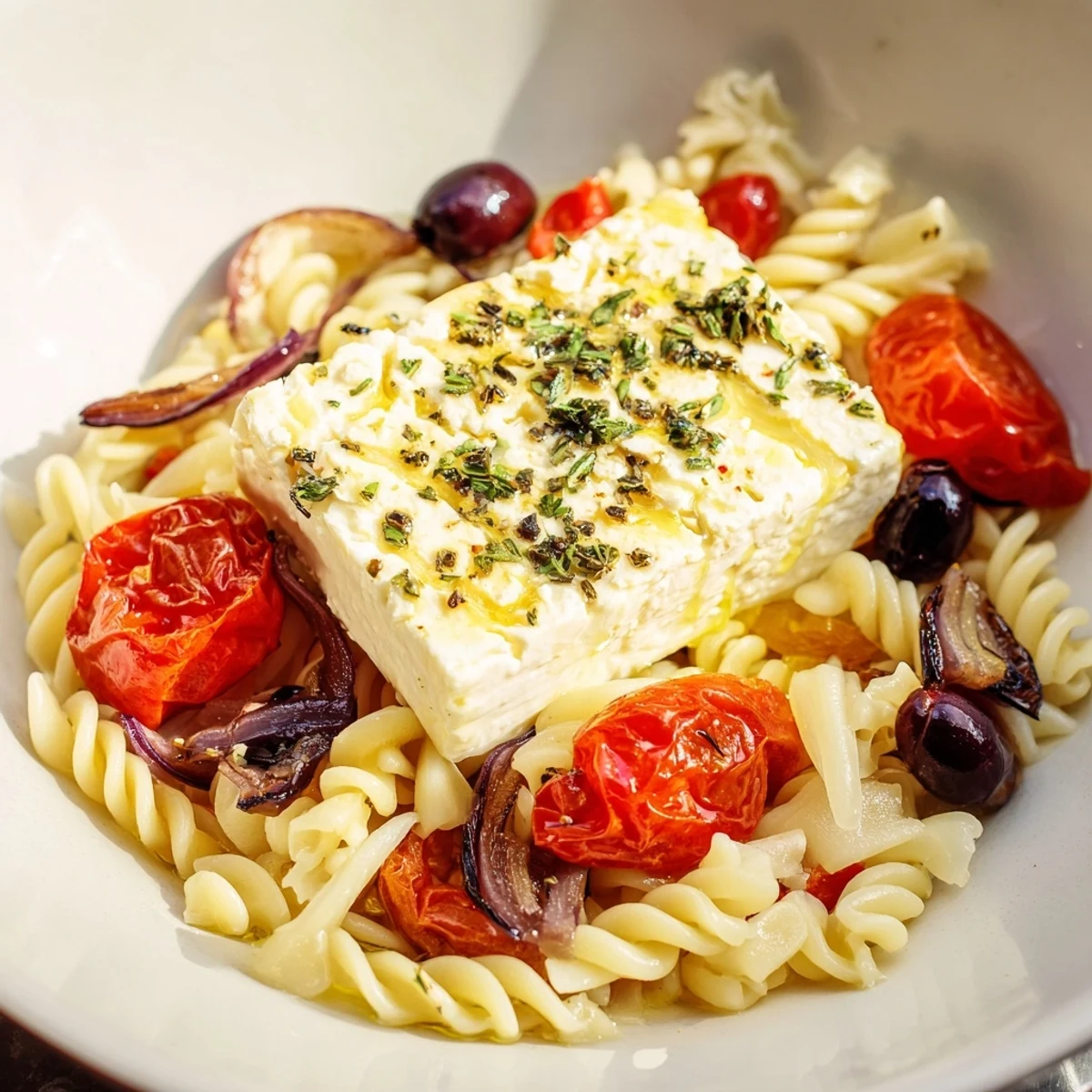 Golden-brown, bubbly Baked Feta Snowfall Cherry Tomato Christmas Pasta ready to be savored, garnished with fresh basil.