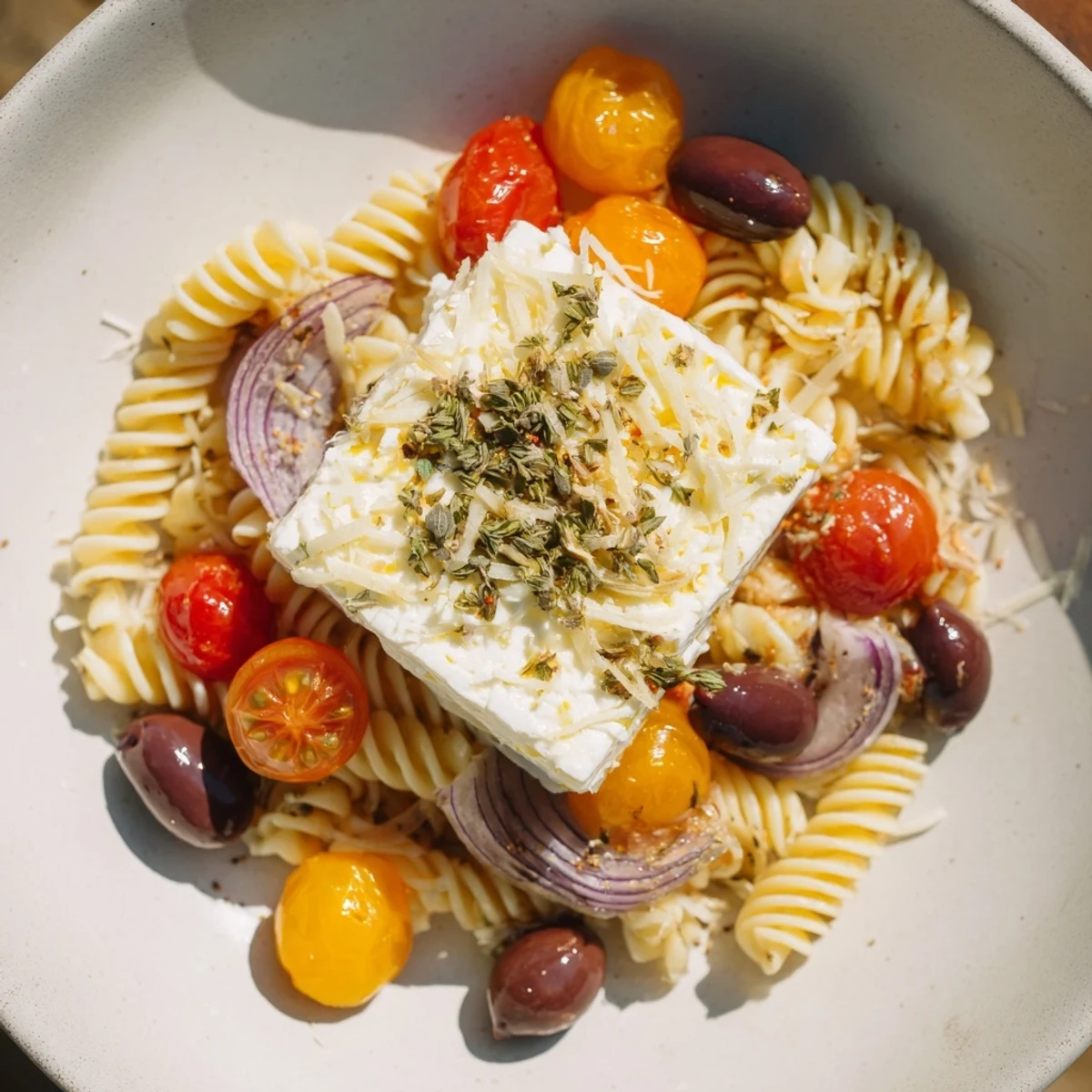 Creamy Baked Feta Snowfall Cherry Tomato Christmas Pasta with bursting tomatoes and Parmesan snow, perfect for a cozy dinner.