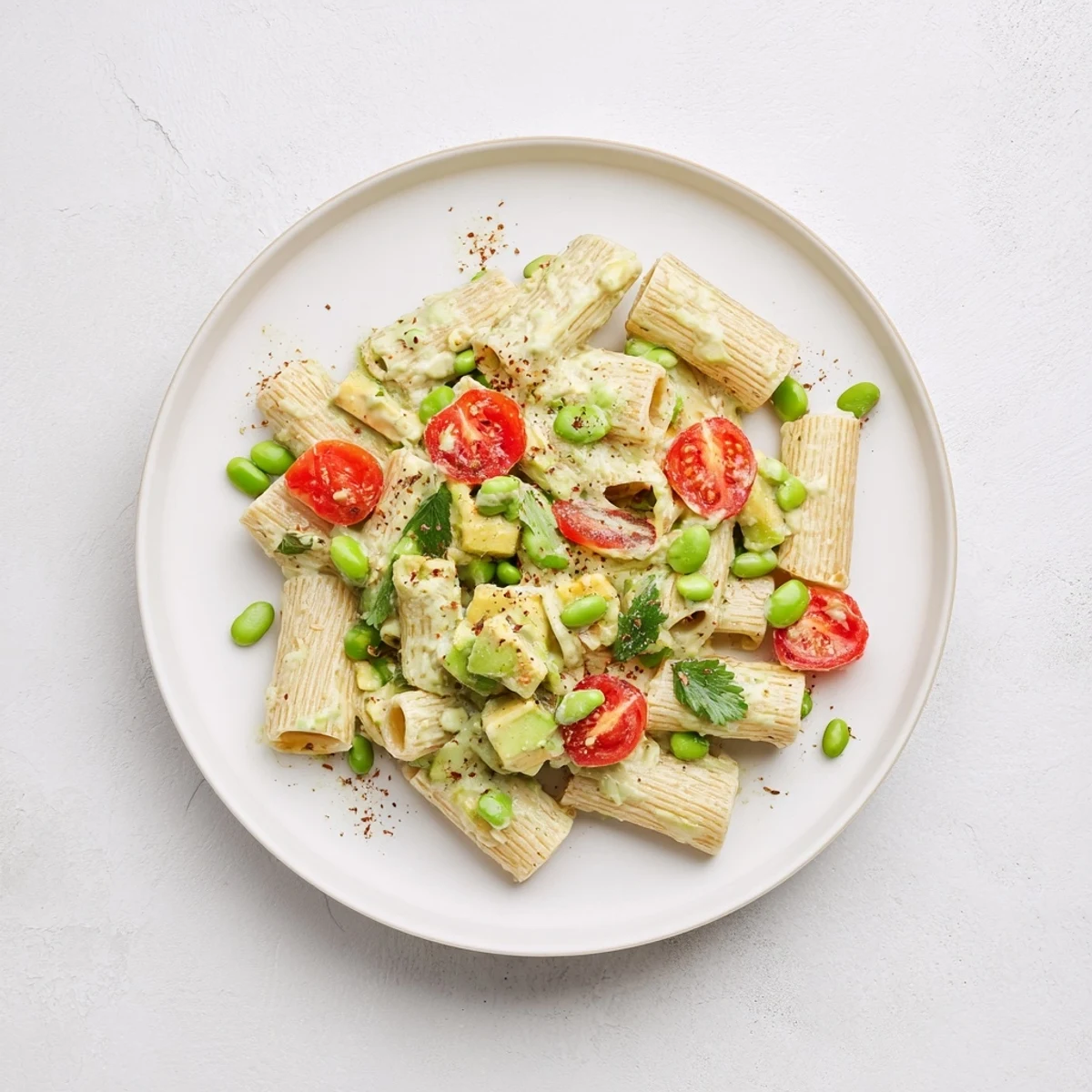 A close-up view of the delicious Holiday Glow Green Goddess Protein Pasta Salad with visible vegetables and herbs.